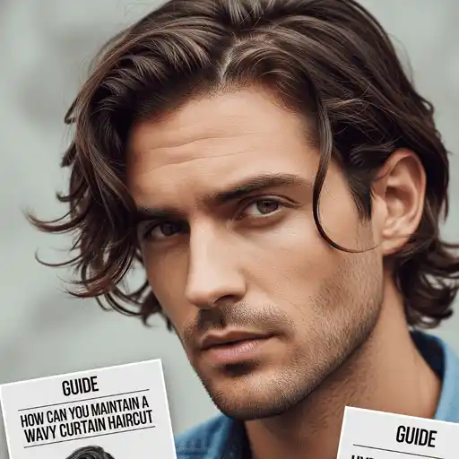 Men's Hairstyles Curtains- Styling Tips and Maintenance Guide 6 A person with wavy, layered hair stands against a neutral background, showcasing MEN HAIRSTYLES CURTAINS while surrounded by guides on maintaining wavy curtain hairstyles.