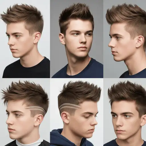 The Best 69 Teenage Boy Haircuts to Showcase Their Style 2 A collage of six teenage boy haircuts featuring textured cuts, varying lengths, and side designs on short to medium-length hair.