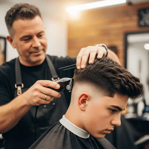 A barber skillfully trims the side of a client's hair in a modern salon, showcasing a stylish fade and textured top commonly seen in trendy teenage boy haircuts.