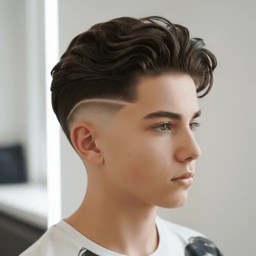 A stylish young man with textured, voluminous hair styled on top, complemented by a clean, faded undercut—an on-trend example of teenage boy haircuts.