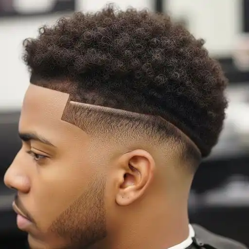 Side view of a stylish MEN'S SHORT CURLY HAIRCUTS style featuring tight, curly hair on top and a faded undercut. The hair is well-defined and groomed.