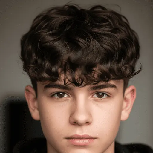 A young person with wavy, dark brown hair and visible ears, showcasing one of the trendy teenage boy haircuts, set against a soft focus background.
