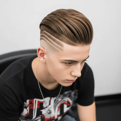 A young man showcasing one of the trendy teenage boy haircuts, with stylish, sleek, side-swept hair and a modern undercut, wearing a black graphic t-shirt in a barbershop setting.