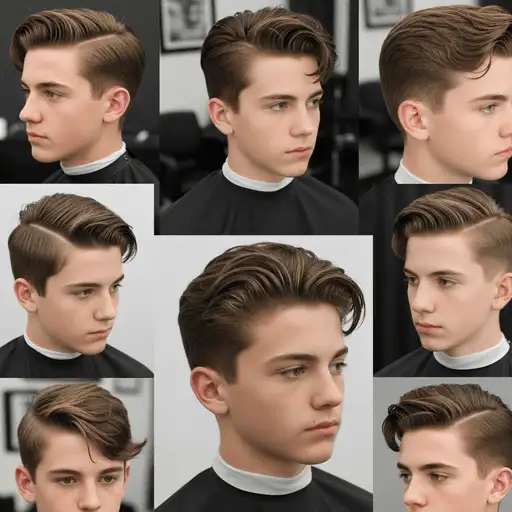 A collage of different teenage boy haircuts showcasing various side and back views of modern, stylish hairstyles on multiple models.