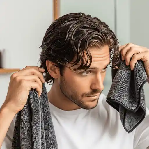 Men's Hairstyles Curtains- Styling Tips and Maintenance Guide 7 A person in a white shirt holds two towels, preparing to style their hair in a popular MEN HAIRSTYLES CURTAINS look, with a soft-focus background featuring a mirror.