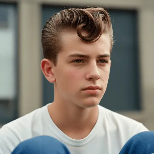 A young person sits outdoors, wearing a white t-shirt and blue pants, showcasing one of the popular teenage boy haircuts, with a soft focus on their upper body and background details.