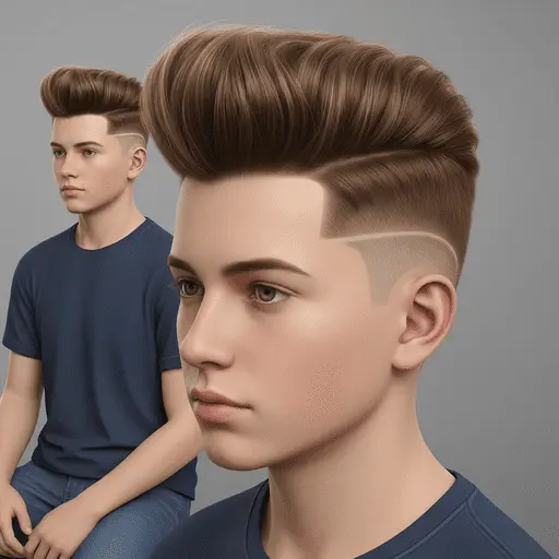 Two stylish individuals showcase trendy teenage boy haircuts, one with a voluminous pompadour and the other with a neat fade, both in casual blue shirts.