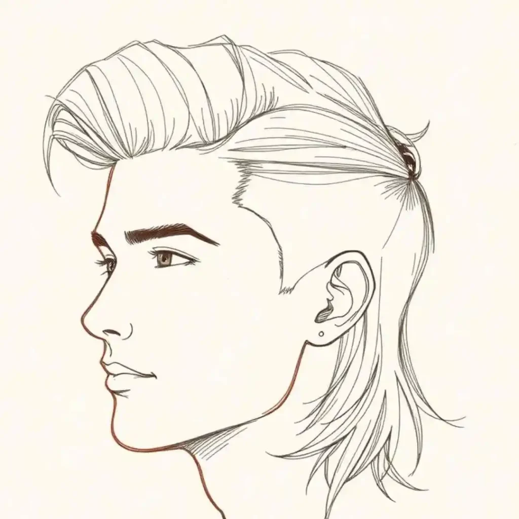 A side profile illustration of a person with stylish, textured hair, featuring a slicked-back top and a short undercut.