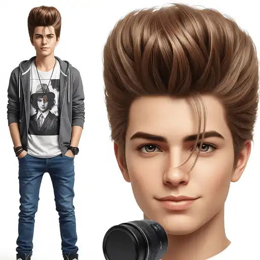 A young person stands confidently in casual attire, featuring a stylish gray hoodie, jeans, and holding a camera, with neatly styled hair representing modern teenage boy haircuts.