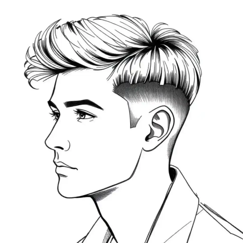 A side profile of a young man with stylish, textured hair and a clean undercut, wearing a collared shirt.