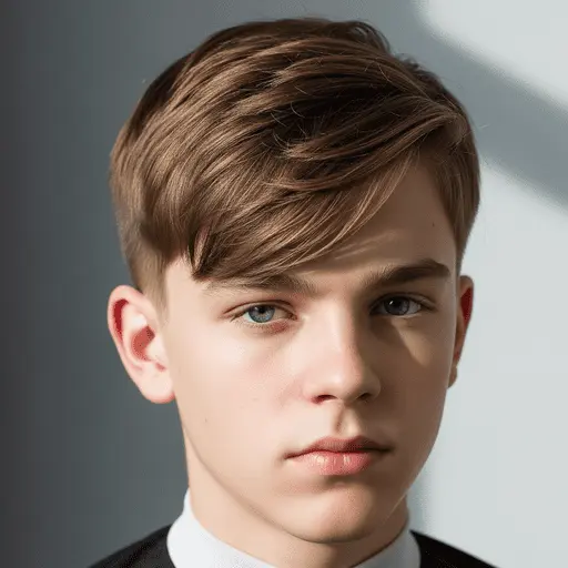 A boy with short, light brown hair wearing a black jacket and white shirt, lit by soft, natural light—an example of popular teenage guy haircuts.