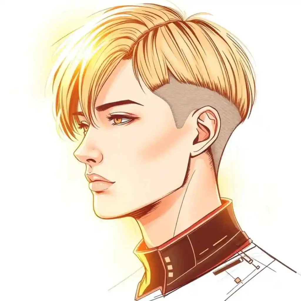 A close-up illustration of a person with stylish blonde hair and an undercut, wearing a high-collared jacket. Bright background glow.