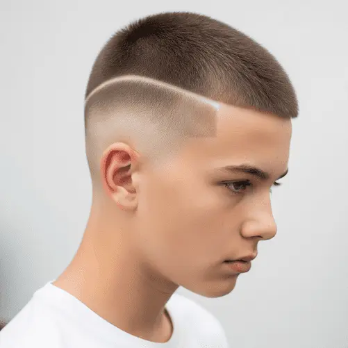 A close-up of a stylish fade haircut with a sharp side design, showcasing clean lines and smooth transitions in hair length—an on-trend example of teenage guy haircuts.
