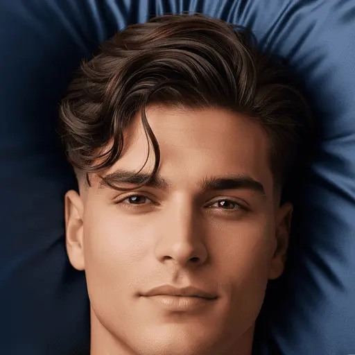 Men's Hairstyles Curtains- Styling Tips and Maintenance Guide 8 A close-up of a person lying on a dark blue pillow, showcasing well-styled brown hair in men hairstyles curtains fashion, with a relaxed expression.