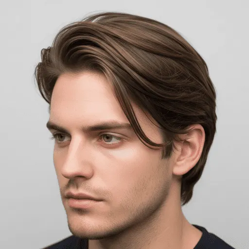 Men's Hairstyles Curtains- Styling Tips and Maintenance Guide 4 A young man with stylish, medium-length brown hair styled in men hairstyles curtains, dressed in a black shirt, posed against a light gray background.