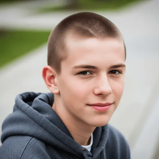 The Best 69 Teenage Boy Haircuts to Showcase Their Style 4 A young person wearing a gray hoodie, sitting outdoors with a blurred background of grass and a pathway, showcasing one of the popular teenage boy haircuts.