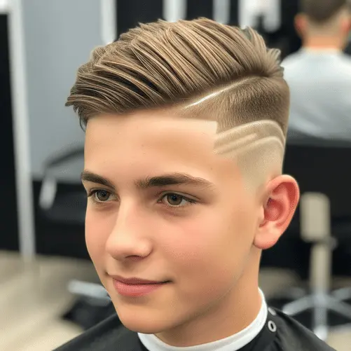 A stylish example of teenage guy haircuts, featuring neatly styled, tousled blonde hair on top, complemented by a faded undercut and a clean side part.