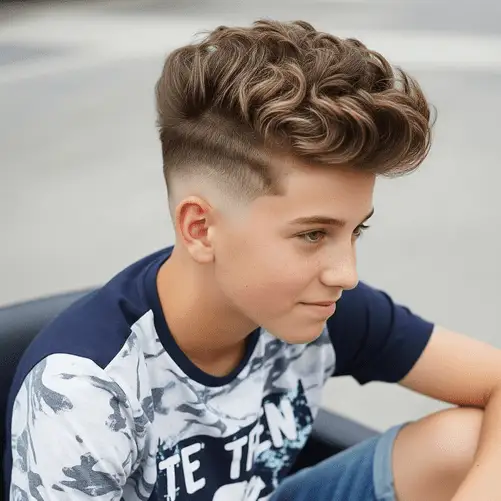 A young boy sits casually, showcasing one of the popular teenage guy haircuts with stylish, voluminous curly hair and a trendy outfit featuring a nature-themed graphic t-shirt.