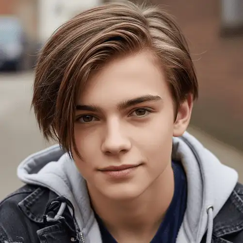 A person with stylish, tousled hair wearing a layered outfit, standing against a blurred urban background, showcasing one of the trendy teenage guy haircuts.