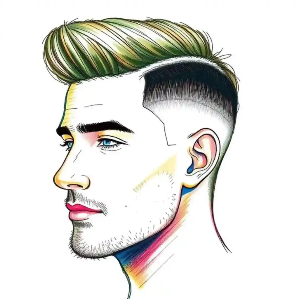 A stylized illustration of a man's side profile showcasing an edgy hairstyle with green highlights and a faded undercut.