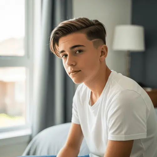 A young person sits on a bed, wearing a white t-shirt, with sunlight streaming through large windows and soft decor in the background, showcasing one of the popular teenage guy haircuts.