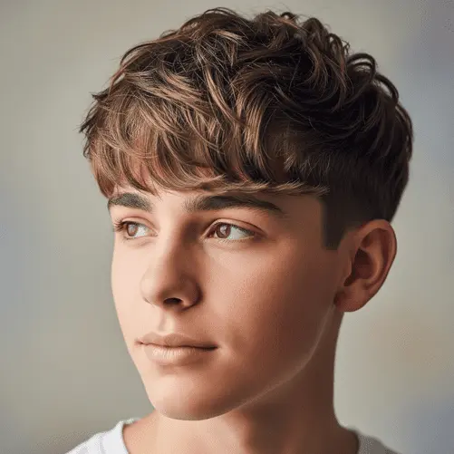 A close-up of a young person with stylish, tousled hair on a neutral background, showcasing a trendy and youthful look typical of popular teenage guy haircuts.
