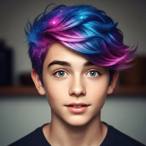 Vibrant, galaxy-inspired hair with shades of pink and blue, styled in a modern, tousled look—an eye-catching example of trendy teenage guy haircuts—against a softly blurred background.