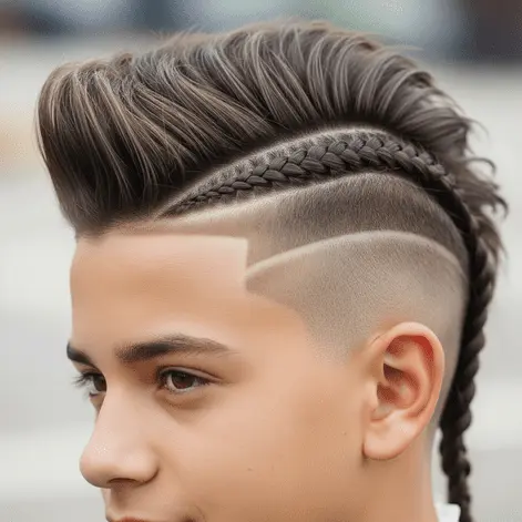 A stylish example of teenage guy haircuts, featuring a high faded undercut and intricate braids along the side, creating a bold, modern look.