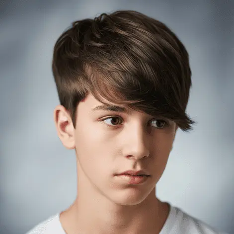 Young person with short, tousled brown hair wearing a plain white shirt, set against a soft, neutral background—an example of popular teenage guy haircuts.