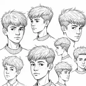 A collage of illustrations featuring various teenage guy haircuts on male figures, showcasing different angles and styles.
