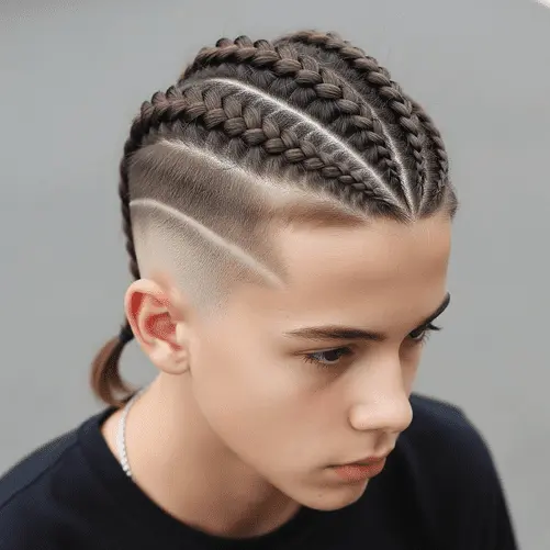 A stylish example of teenage guy haircuts, featuring multiple tight braids arranged in a pattern, with shaved sides and a longer back.