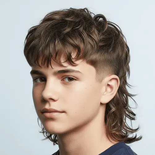 A person showcases a trendy, curly mullet hairstyle—one of the popular teenage guy haircuts—featuring voluminous curls on top and shorter sides.