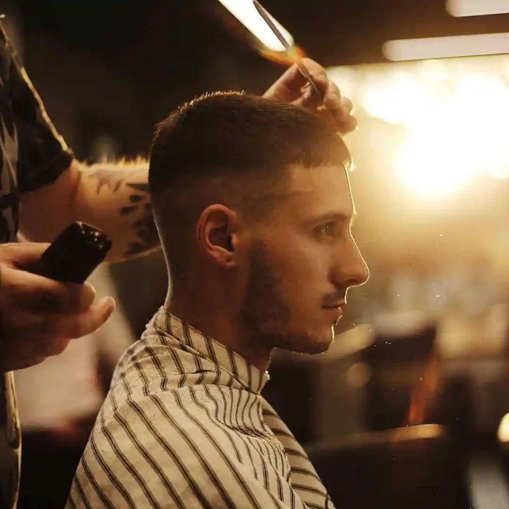 Top 15 Men Hairstyles for Buzz Cut 7 A barber styles a client's hair in a dimly lit salon, with soft sunlight illuminating the scene and highlighting their tools, showcasing a classic MEN HAIRSTYLES BUZZ CUT.