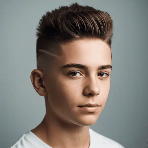 A young person with sleek, styled hair wearing a plain white shirt, set against a soft gray background—an example of trendy teenage boy haircuts.