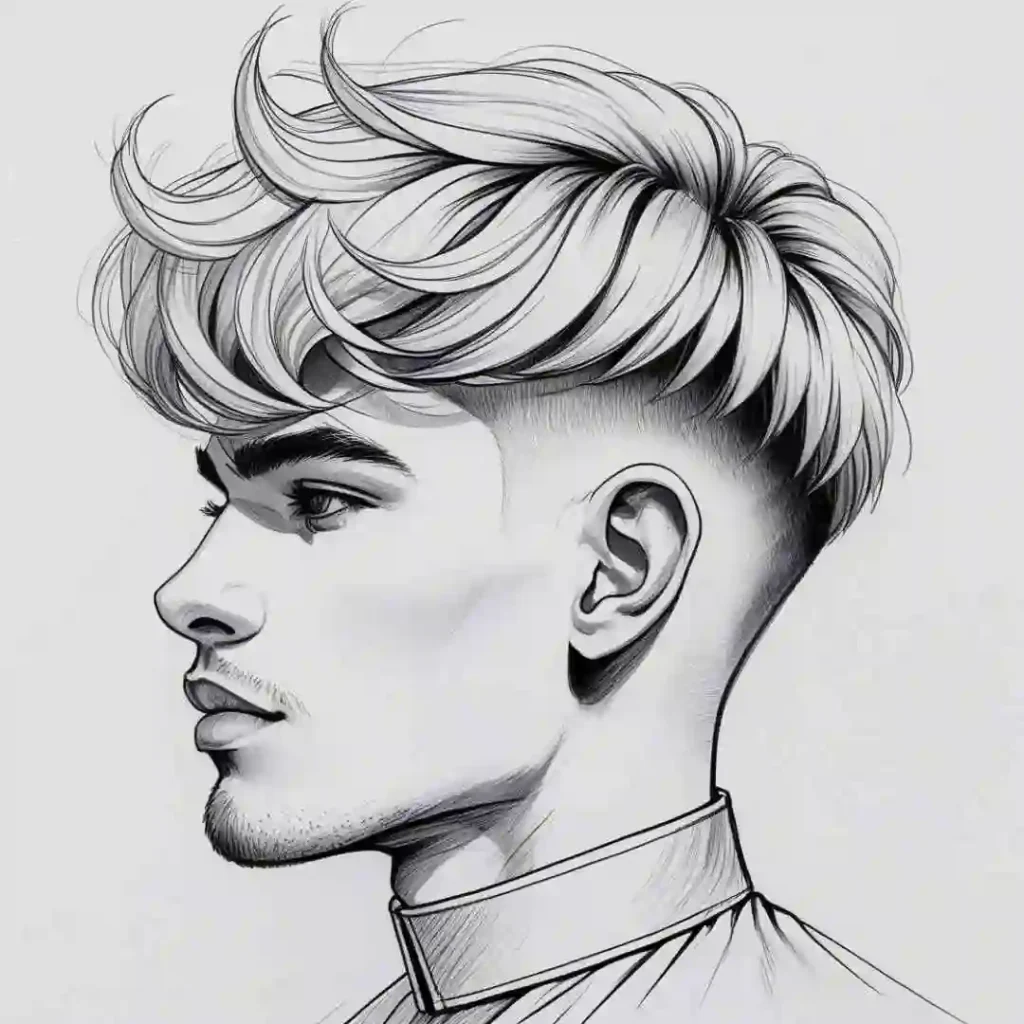 A stylish profile view of a young person with textured, tousled hair and a stylish fade, showcasing men hairstyles curtains, while wearing a high-collared shirt.