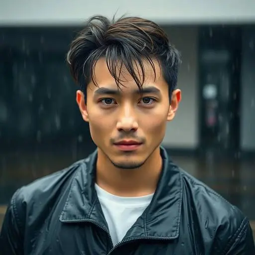 A person with MEN HAIRSTYLES CURTAINS stands in the rain, wearing a black jacket over a white shirt, with a blurred urban background.