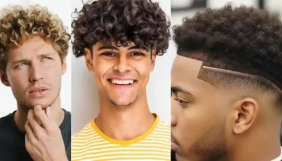 Three young men showcase various MEN'S SHORT CURLY HAIRCUTS, featuring loose curls, medium ringlets, and a stylish high-top fade.