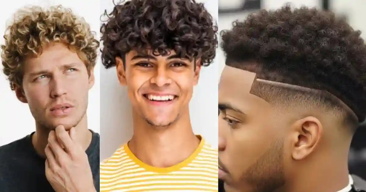 Three young men showcase various MEN'S SHORT CURLY HAIRCUTS, featuring loose curls, medium ringlets, and a stylish high-top fade.
