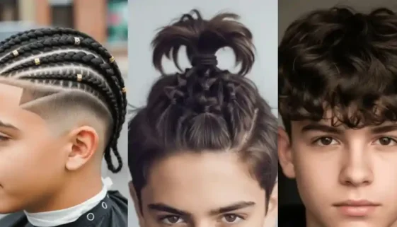 Three unique Teenage guy Haircuts: intricate braids adorned with gold beads, a stylish top knot, and textured wavy hair.