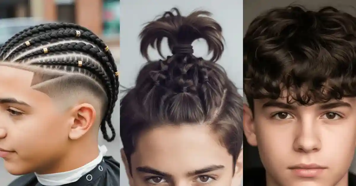 Three unique Teenage guy Haircuts: intricate braids adorned with gold beads, a stylish top knot, and textured wavy hair.