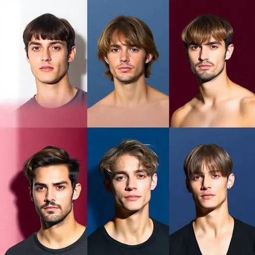 A collage of six male portraits with varying MEN HAIRSTYLES CURTAINS and necklines, set against colorful backgrounds in shades of blue and red.