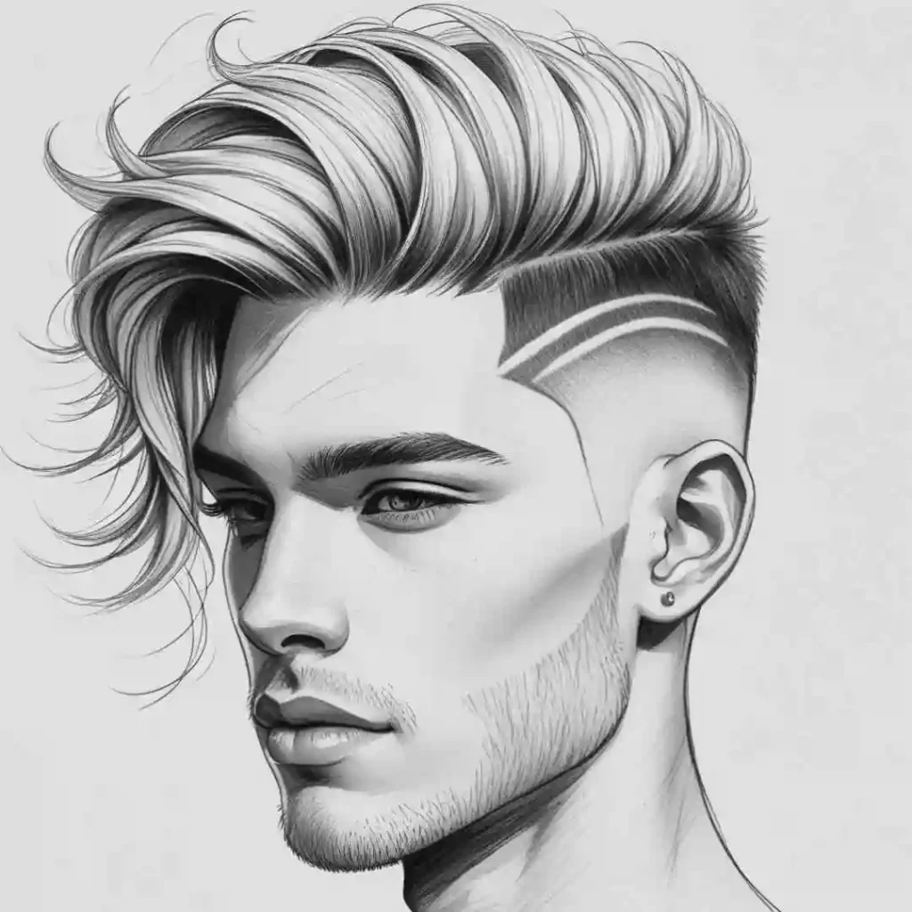 A stylish MEN HAIRSTYLES CURTAINS haircut featuring voluminous, textured hair on top and a neatly shaved side, highlighted with subtle designs.