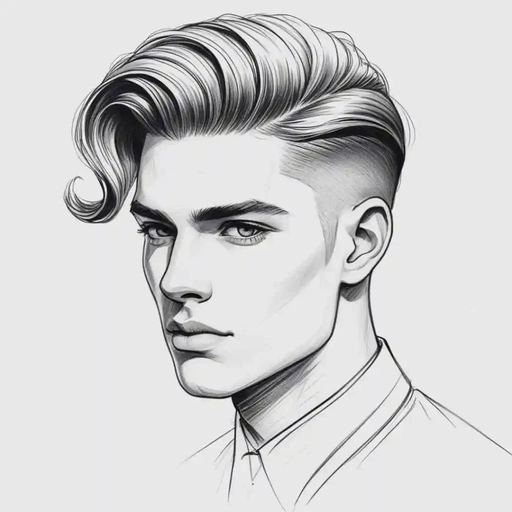 Stylized illustration of a men’s hairstyle featuring voluminous, wavy locks with a fade haircut, styled as curtains, set against a plain background.