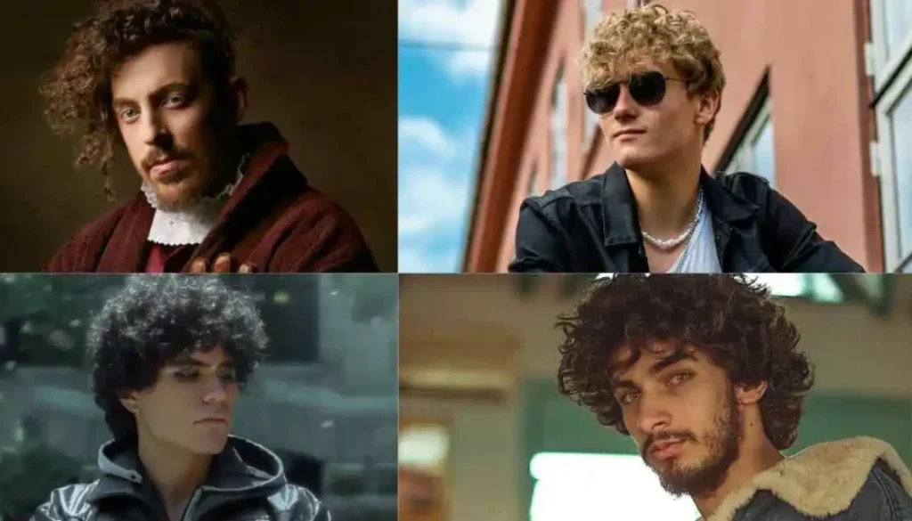 A collage of four young men showcasing various hairstyles and fashion styles, set against different backgrounds and lighting. Each image highlights Men's Short Curly Haircuts, emphasizing different ways to style short curly hair.