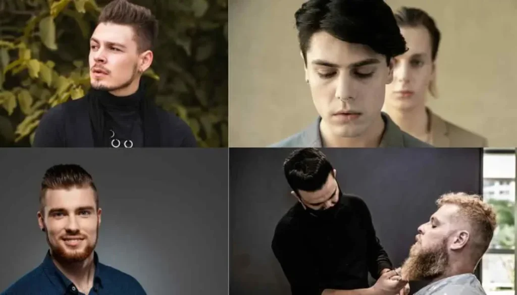 Four portraits of men showcasing different hairstyles and grooming styles, featuring lush backgrounds and a variety of clothing. Each portrait emphasizes Men Hairstyles Long Face, highlighting unique cuts and facial hair suited for longer face shapes.