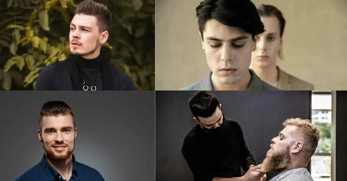 Four portraits of men showcasing different hairstyles and grooming styles, featuring lush backgrounds and a variety of clothing. Each portrait emphasizes Men Hairstyles Long Face, highlighting unique cuts and facial hair suited for longer face shapes.