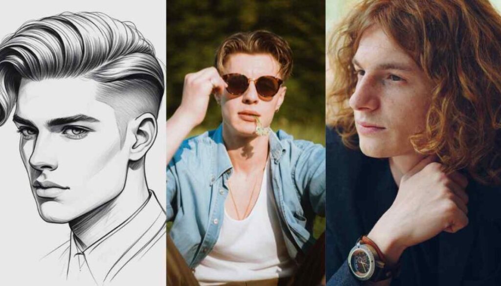 A collection of three male hairstyles: a sleek, styled look, a casual, tousled hairstyle, and long, wavy curtain hair.