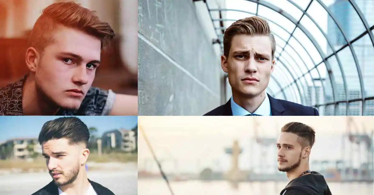 A collage of four young men showcasing diverse hairstyles and settings, with a focus on Asian men hairstyles. The image highlights a variety of styles, including short cuts, textured longer looks, and modern fades, set against urban and natural backdrops.
