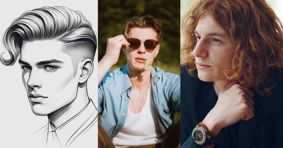 A collection of three male hairstyles: a sleek, styled look, a casual, tousled hairstyle, and long, wavy curtain hair.