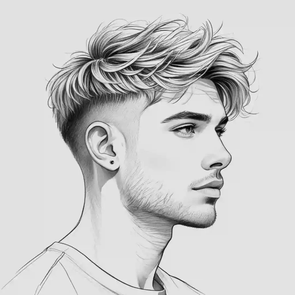 15 Best Wavy Hairstyles for Men 1 A monochrome illustration of a young person showcasing men wavy hairstyles with stylish tousled hair and a faded undercut, wearing a simple shirt.